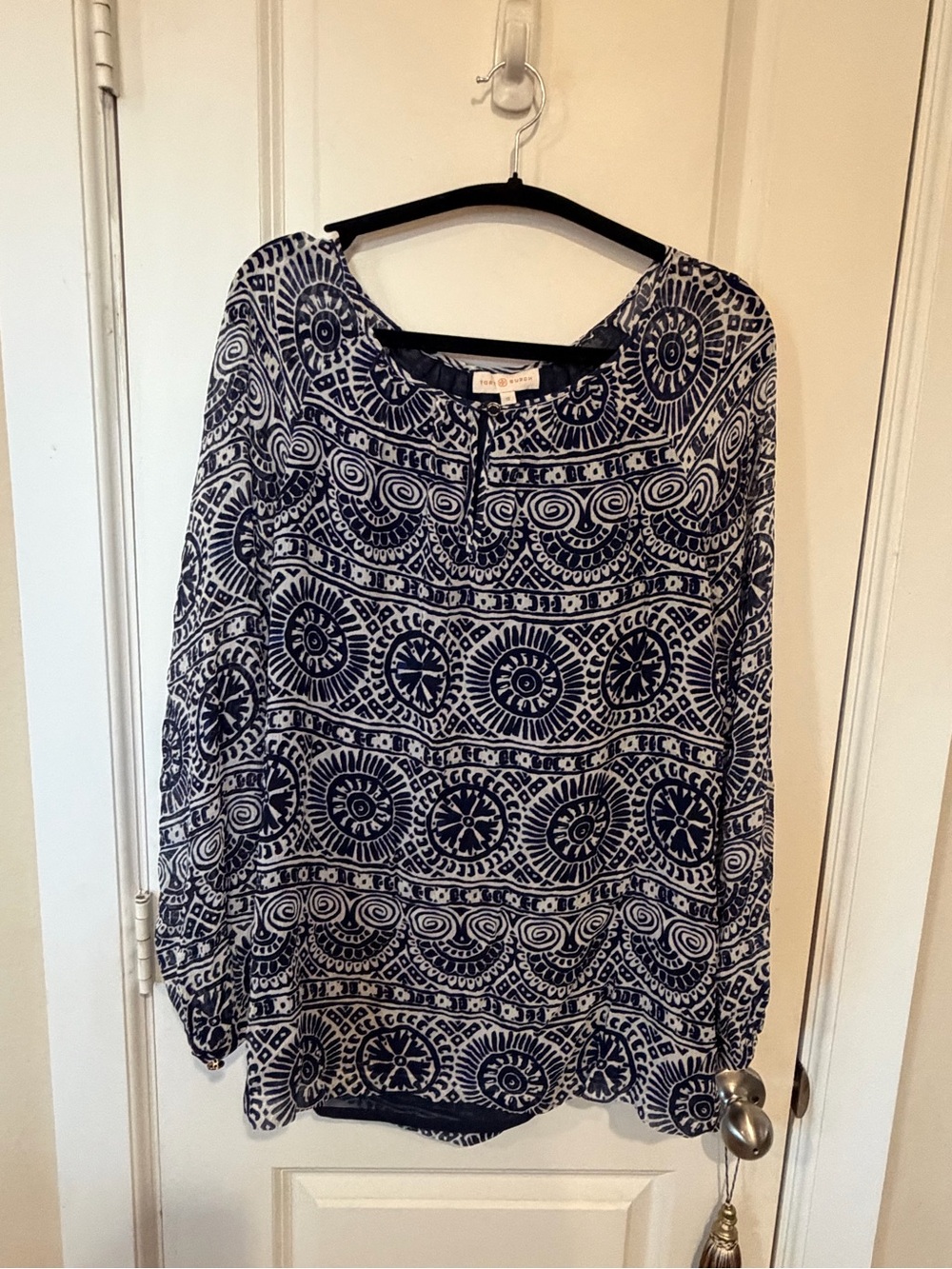 Tory Burch Navy and White Printed Long-Sleeve Women's Top